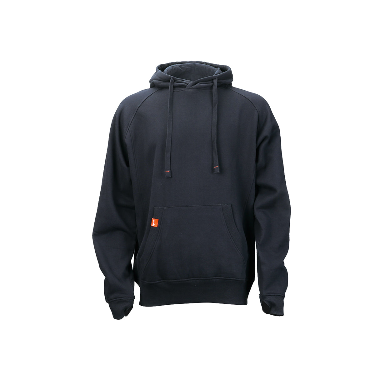 A dark navy blue pullover hoodie with a kangaroo pocket and drawstrings, featuring a small orange logo patch on the left chest, shown against a plain white background.