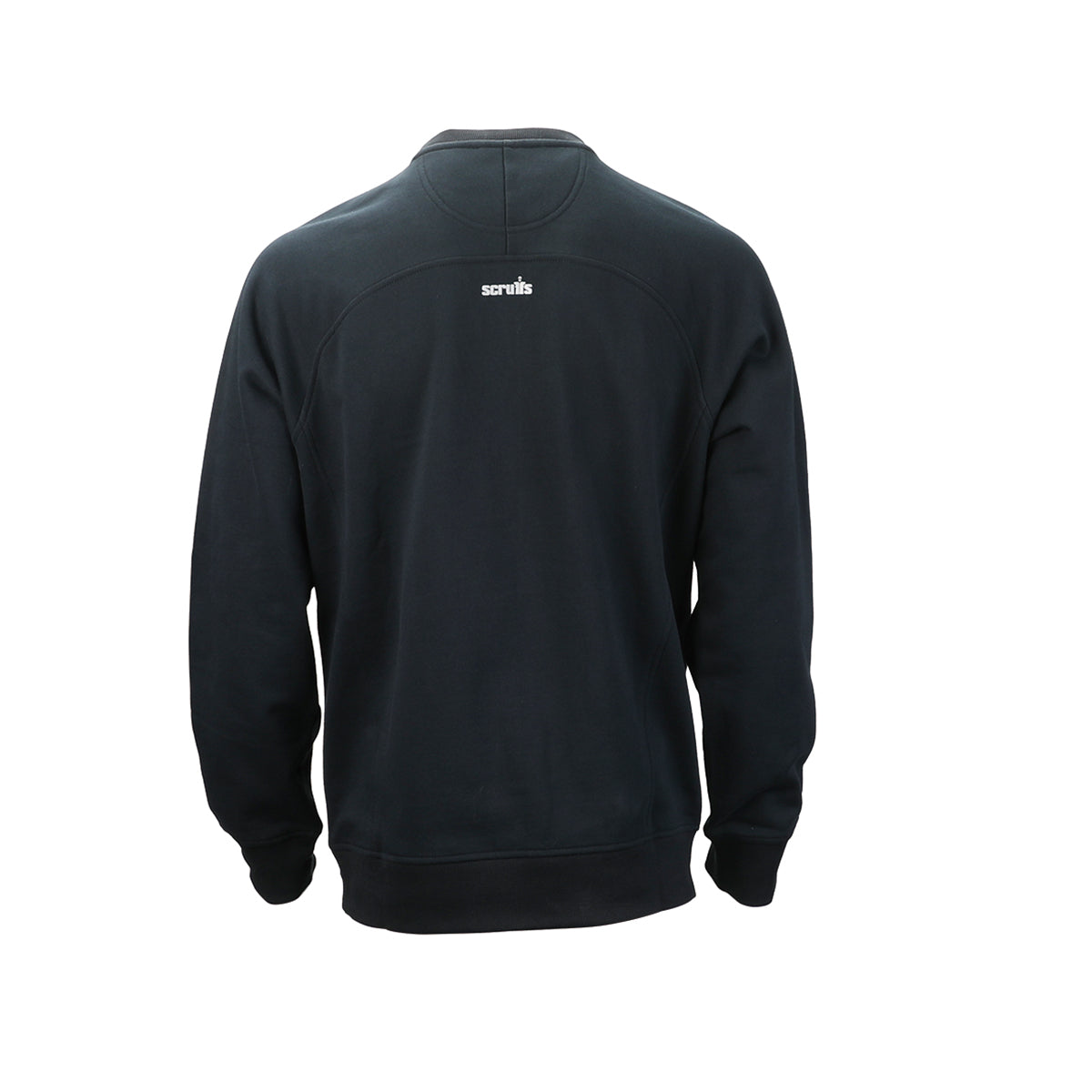 A navy long-sleeve crewneck sweatshirt shown from the back, featuring a small white 'scruffs' logo centered below the neckline, set against a plain white background.