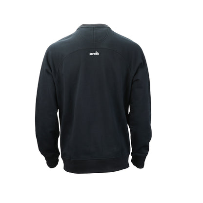 A navy long-sleeve crewneck sweatshirt shown from the back, featuring a small white 'scruffs' logo centered below the neckline, set against a plain white background.