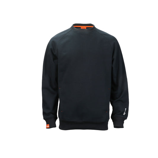 A dark navy blue crewneck sweatshirt with bright orange accents on the inner collar, hem, and cuffs, shown against a plain white background.